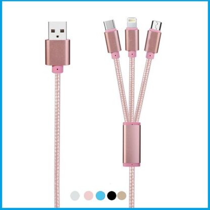 Cable trenzado 3 en 1 usb para móviles rosa 20cm